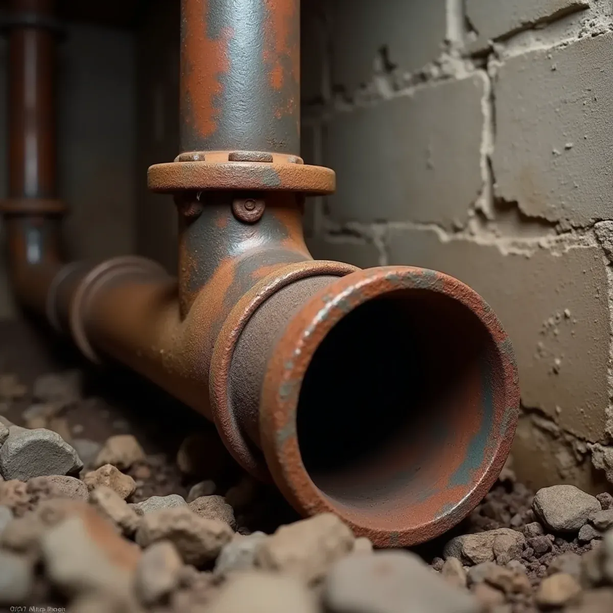 Close up of an aged vertical cast iron drain stack showing rust scaling and seam weeping in a West Chester basement