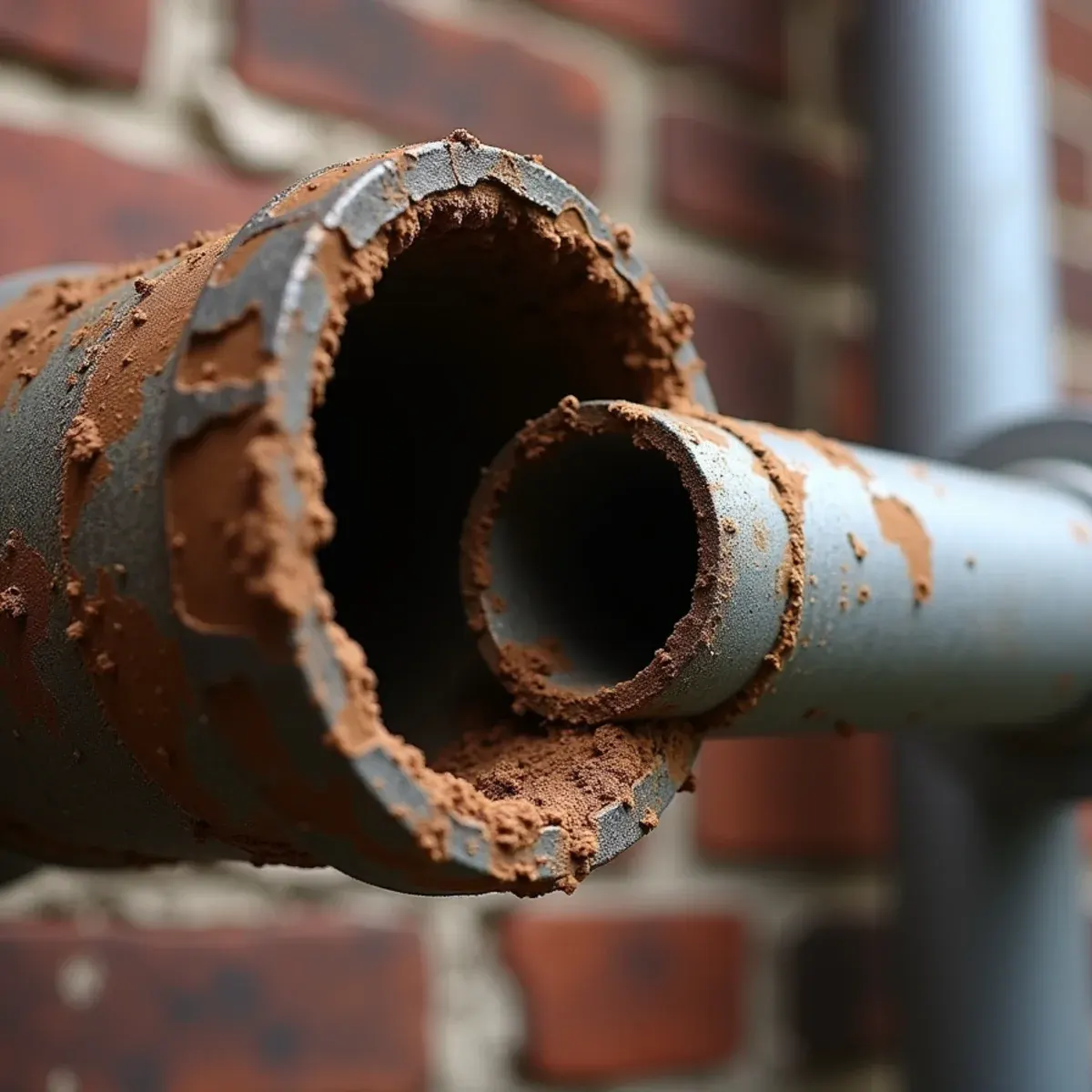Cross section of an old corroded galvanized steel water pipe showing extreme internal rust buildup