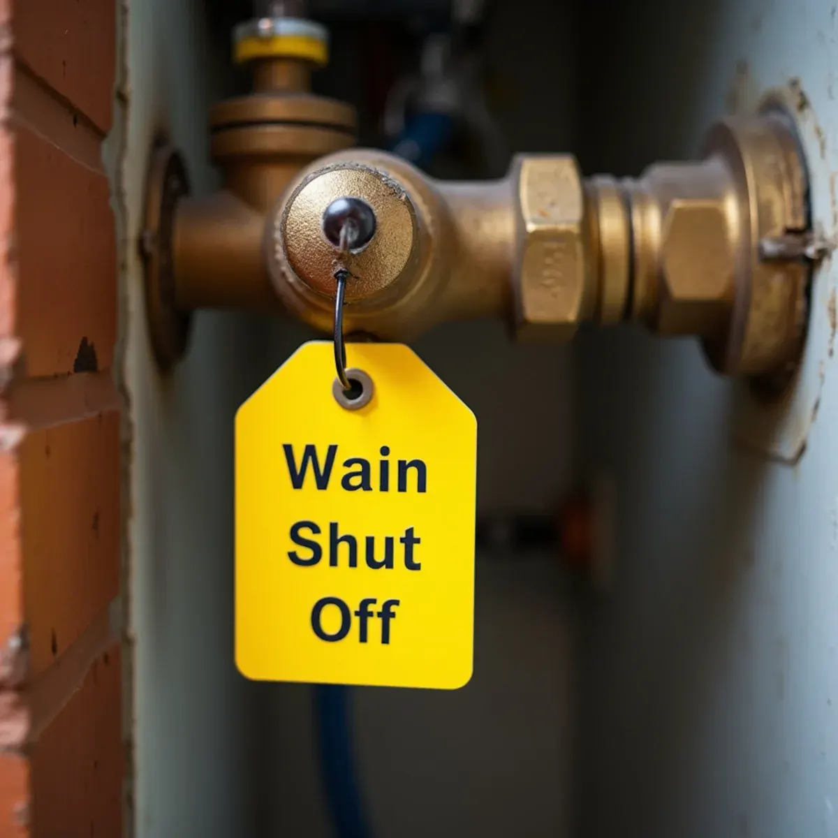 Quarter-turn ball valve labeled for main water shutoff inside first-floor utility closet