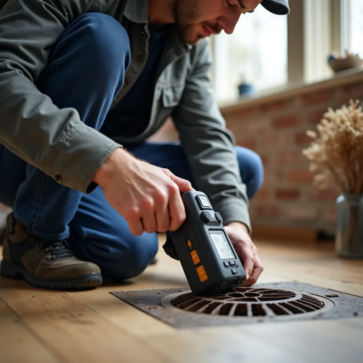 Plumber testing basement floor drain trap for escaping sewer gas odors