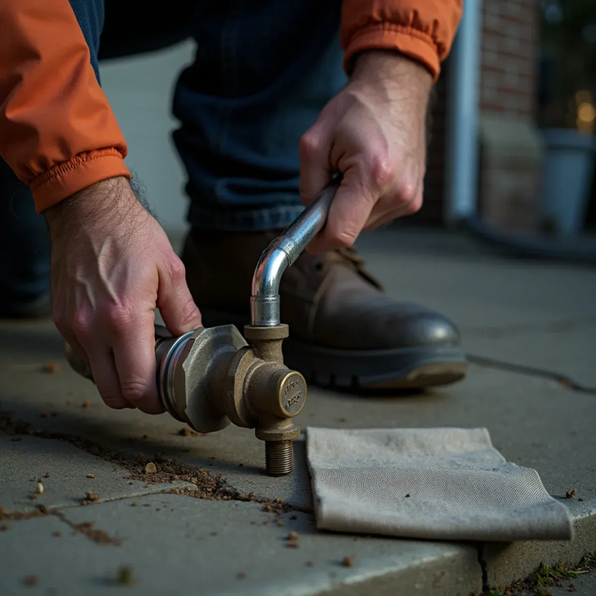 Emergency plumber using street curb key to shut off municipal water service during break