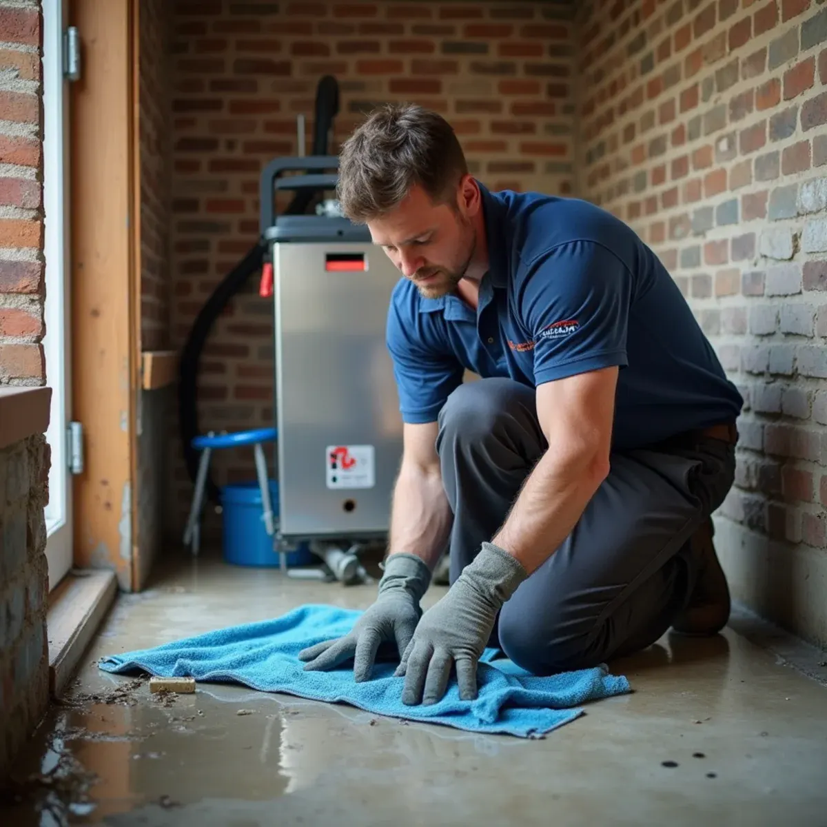 Emergency technician deploying heavy-duty wet extraction vacuum and tarps to protect flooring