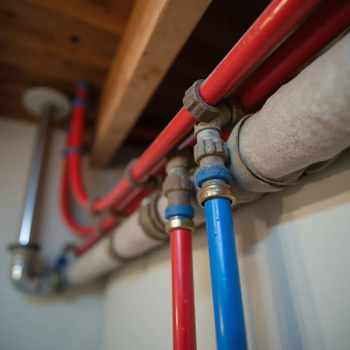 Color-coded PEX-A water distribution manifold with brass crimp rings in basement