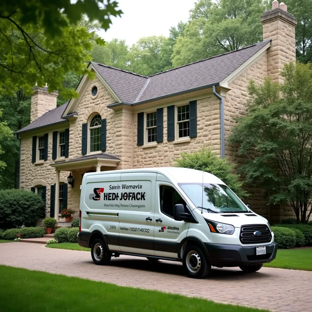 Plumbing service van outside an estate home in Newtown Square PA