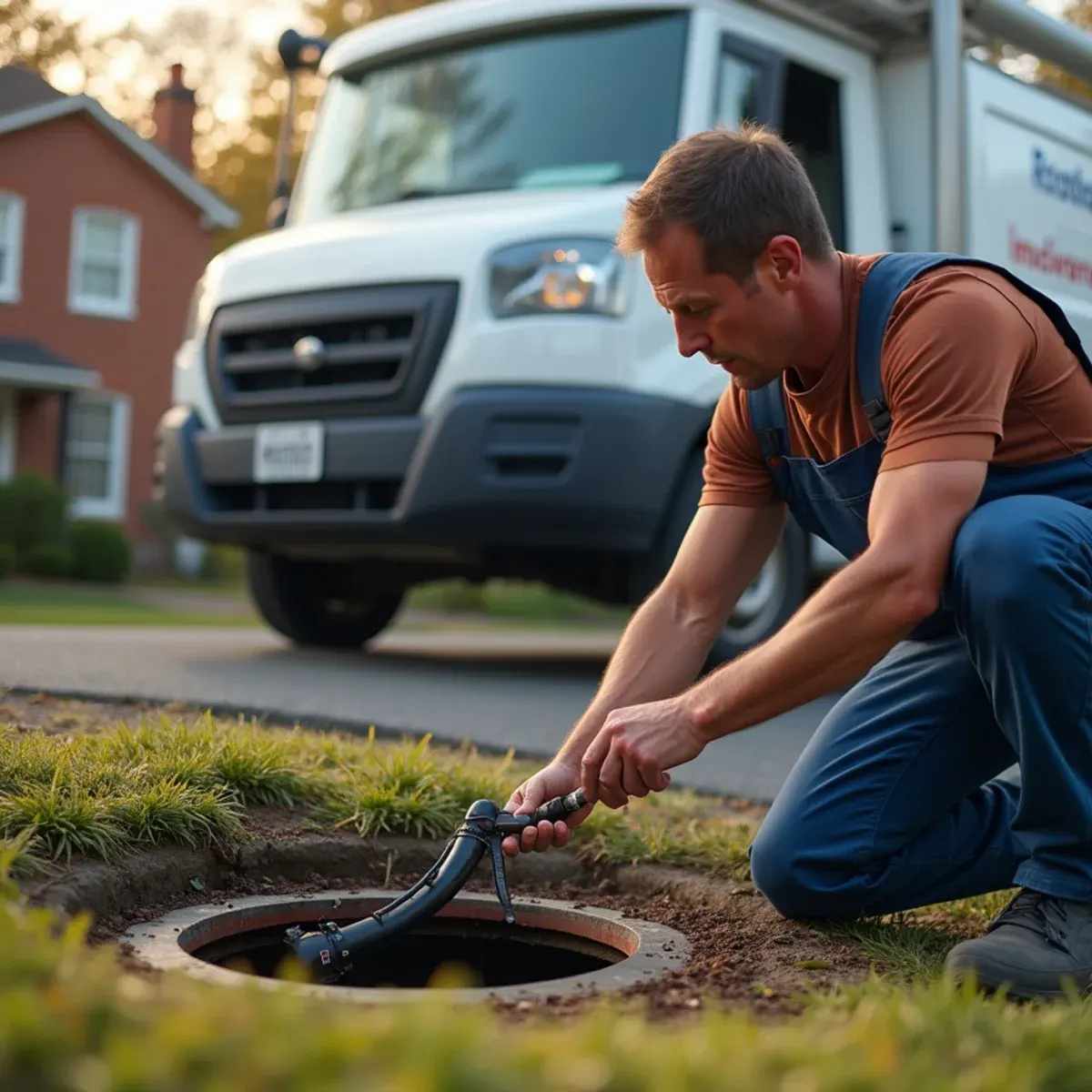 Sewer repair technician operating high definition diagnostic camera monitor outside a West Chester PA residence
